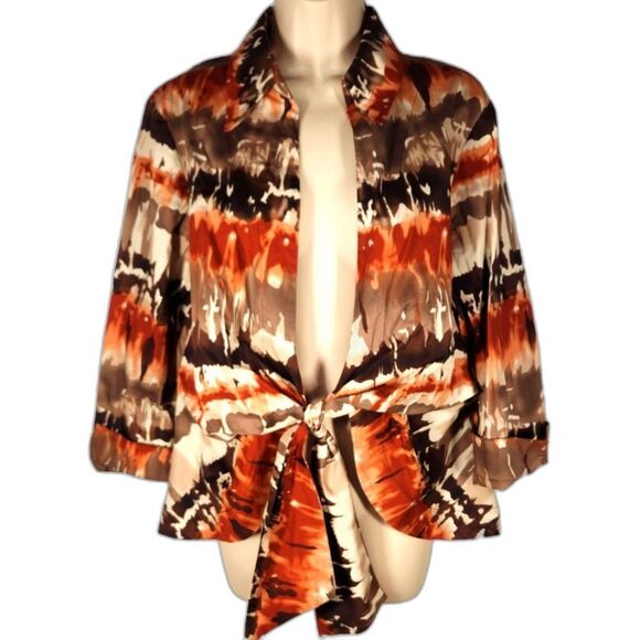 Mishca Top Blouse Tie‎ Dye Batik Wrap Cotton Tie Front Brown Beige Whimsigoth L - Picture 1 of 8